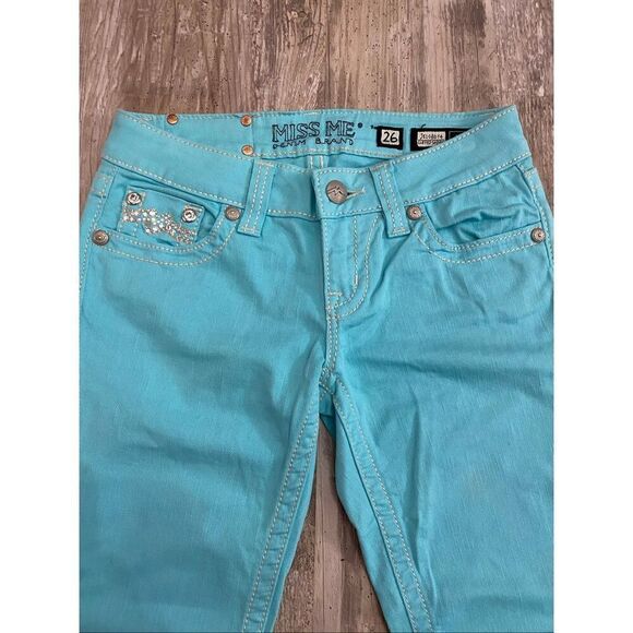 Miss Me Cuffed Skinny Jeans Teal Blue Rhinestones Women’s Sz 26 - Picture 2 of 9